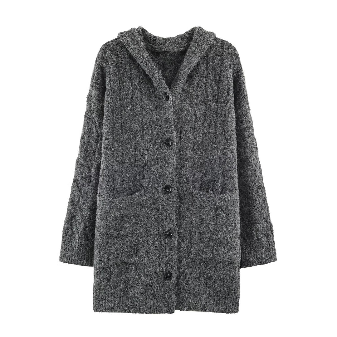 Damen Langgestrickter Kapuzen-Cardigan mit Zopfmuster und Knopfleiste Nord Taschen