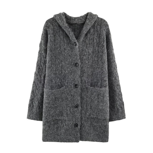 Damen Langgestrickter Kapuzen-Cardigan mit Zopfmuster und Knopfleiste Nord Taschen