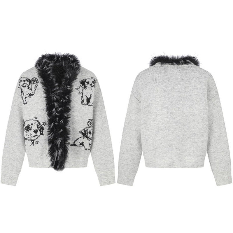 Damen Strickjacke mit Kunstfellkragen und illustrativem Hundemotiv Nord Taschen