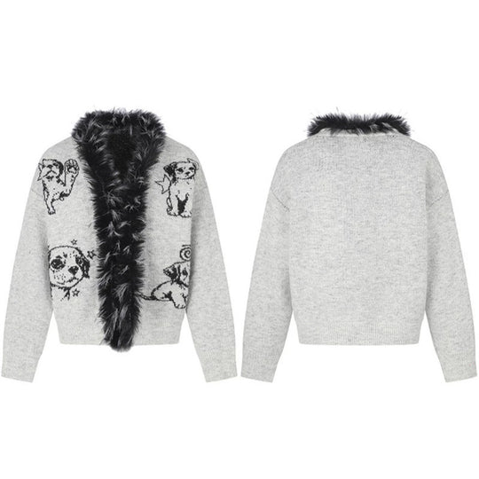 Damen Strickjacke mit Kunstfellkragen und illustrativem Hundemotiv Nord Taschen