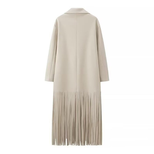 Damen Langmantel mit langem Fransen‑Saum, kastiger Oversize‑Silhouette und Reverskragen Nord Taschen