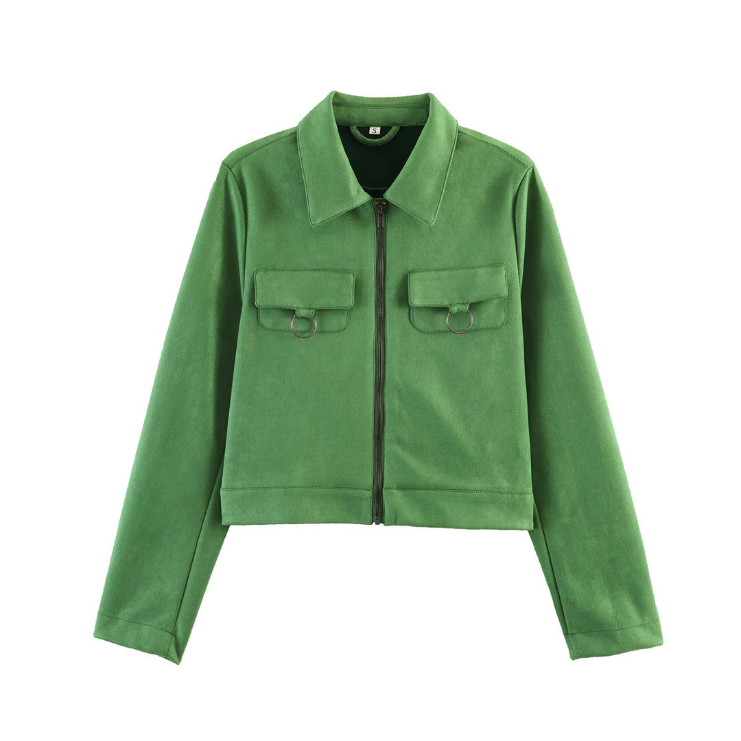 Damen Kurzjacke im Utility-Stil aus Veloursleder-Optik mit Brusttaschen und Metallringen Nord Taschen