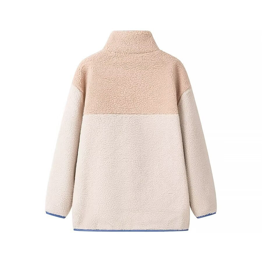 Damen Oversize Teddy‑Fleecejacke mit Farbblock, Stehkragen und Reißverschlusstaschen Nord Taschen