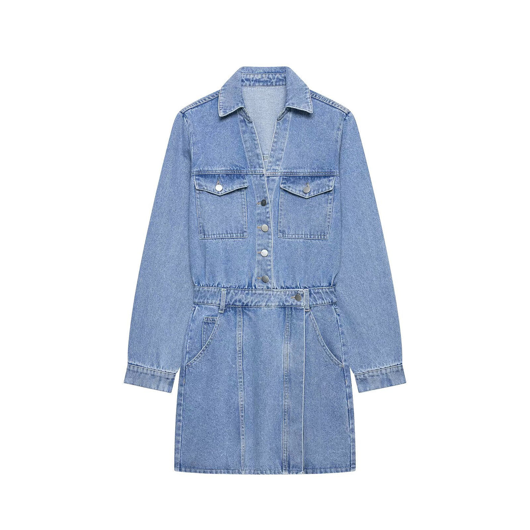 Damen Jeanskleid mit Hemdblusenkragen Taillengürtel und aufgesetzten Taschen Nord Taschen