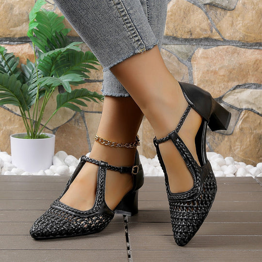 Damen elegante T-strap Sandaletten mit geflochtenem Design und komfortablem Blockabsatz
