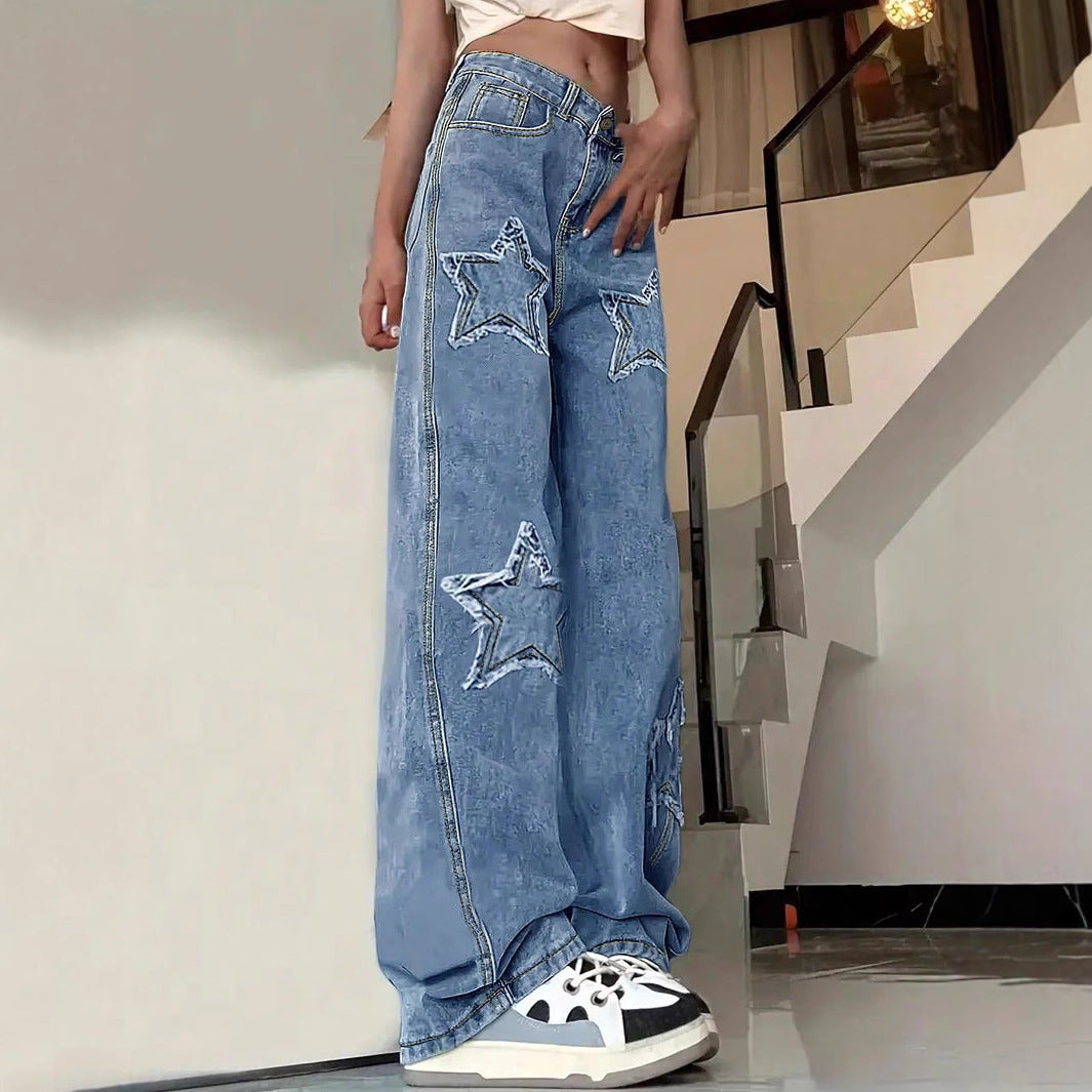 Damen Extraweite Baggy-Jeans aus leichter Denim mit Stern-Applikationen und überlängerter Silhouette Nord Taschen