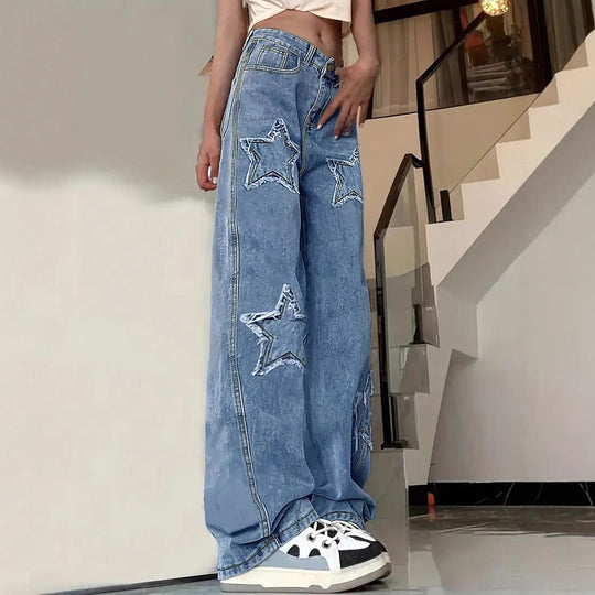 Damen Extraweite Baggy-Jeans aus leichter Denim mit Stern-Applikationen und überlängerter Silhouette Nord Taschen