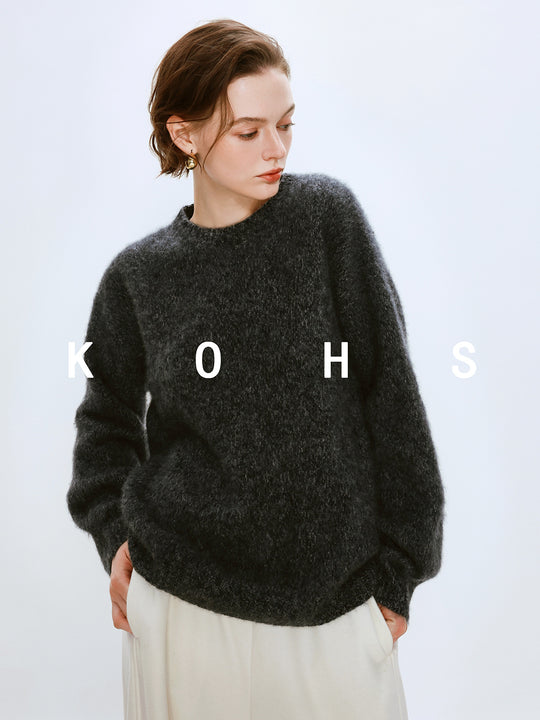 Damen Oversize Mohair-Optik Pullover mit Rundhalsausschnitt Nord Taschen