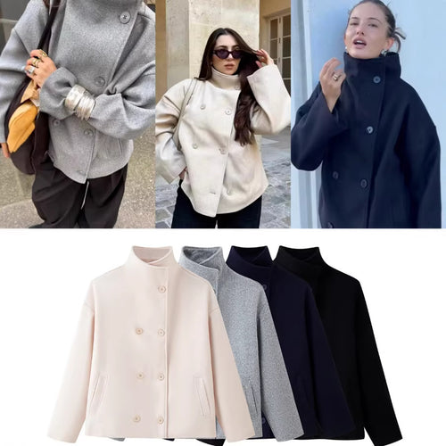 Damen 200+ boxy Wollmix Kurzjacke mit Stehkragen und verdeckter Doppelknopfleiste Nord Taschen