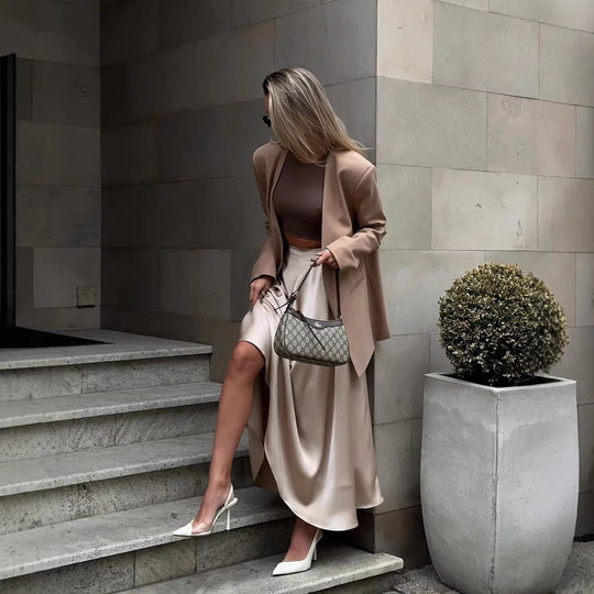 Damen Fließender Satin-Midirock mit hohem Bund und Tellerfalten Nord Taschen