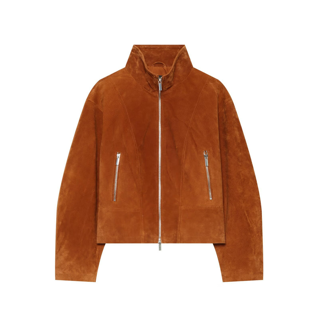 Damen Cropped Velourslederjacke mit Stehkragen und durchgehendem Reißverschluss Nord Taschen