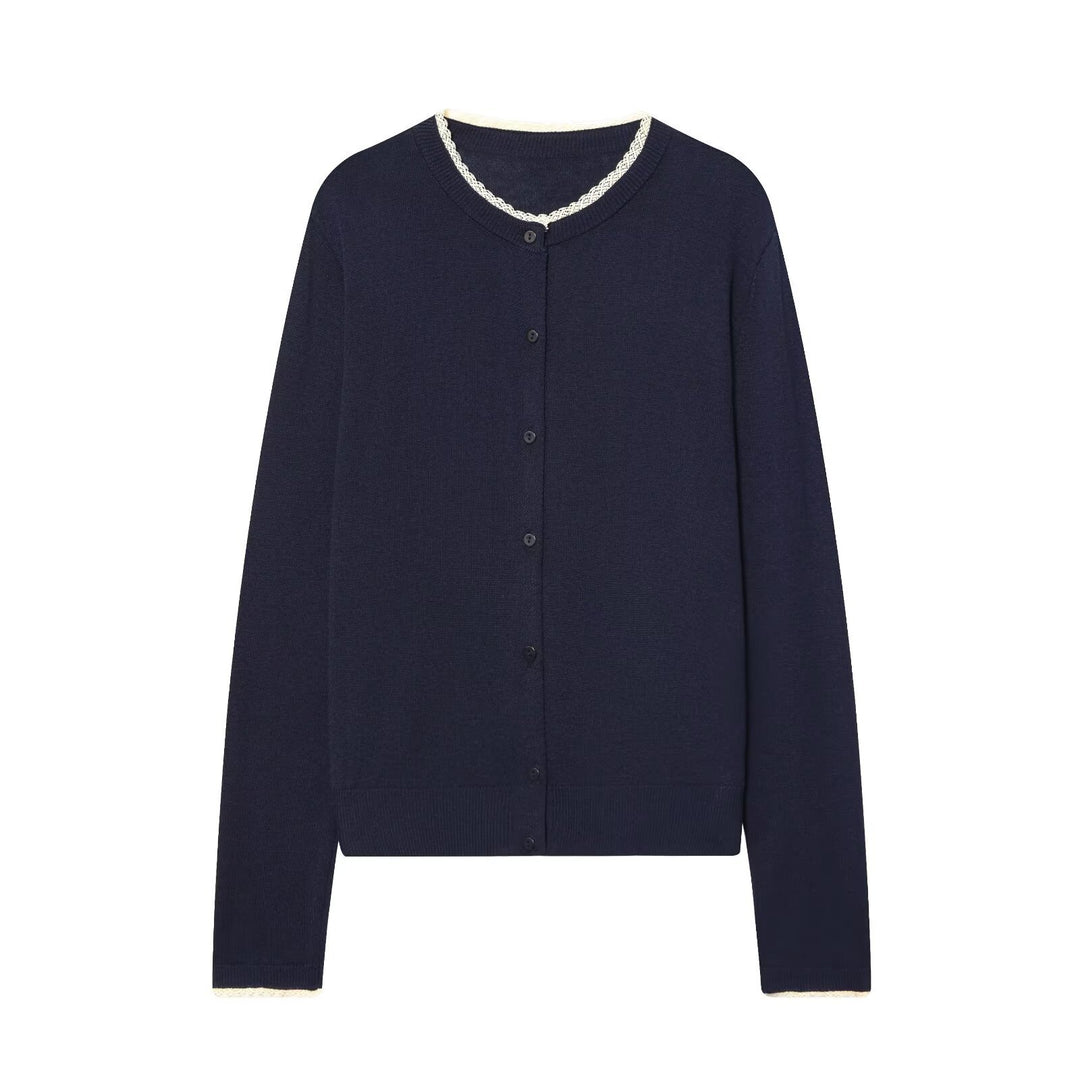 Damen Klassischer Feinstrick-Cardigan mit zarter Spitzenkante Nord Taschen
