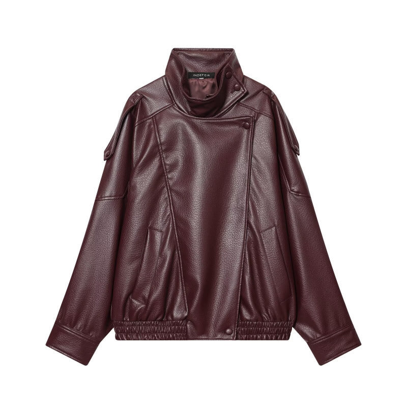 Damen Cropped Kunstleder‑Bomber mit asymmetrischer Druckknopfblende und Funnelkragen Nord Taschen