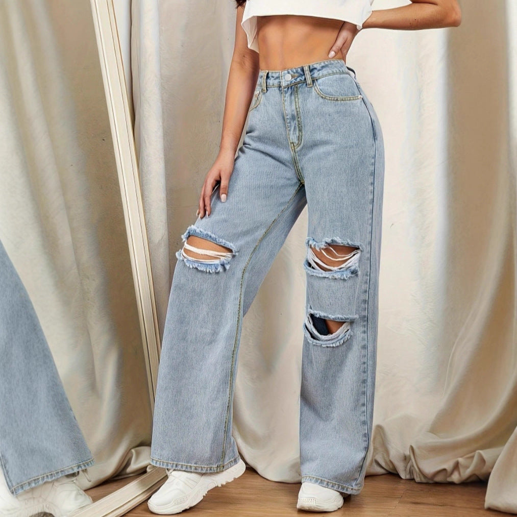 Damen Hochtaillierte Baggy-Jeans im Wide‑Leg mit mehrstufigen Knie-Cutouts Nord Taschen