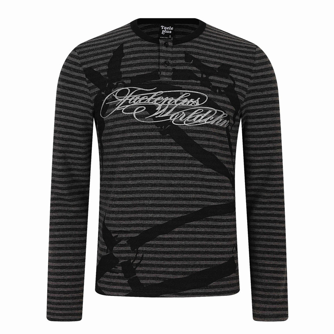 Herren Gestreiftes Longsleeve-Henley mit Knopfleiste und Typo-Print Nord Taschen