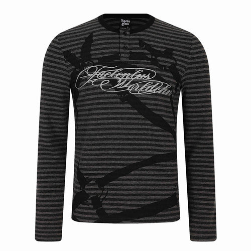 Herren Gestreiftes Longsleeve-Henley mit Knopfleiste und Typo-Print Nord Taschen