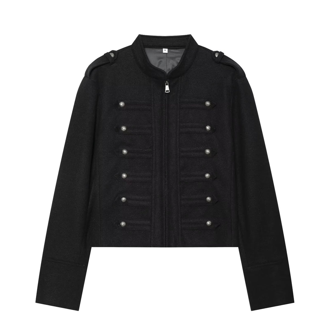 Damen Kurzjacke Military-inspirierte Wollmix‑Cropped Jacke mit Stehkragen, Epauletten und Zierknopfleiste Nord Taschen