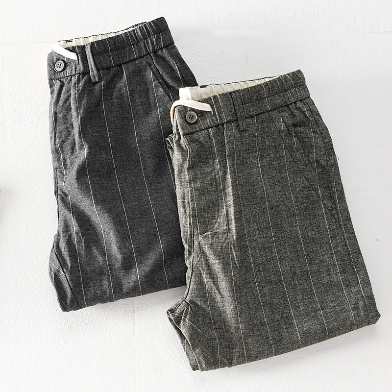 Herren lässige Hose mit elastischem Bund und Kordel schmal zulaufend Nadelstreifenoptik Nord Taschen