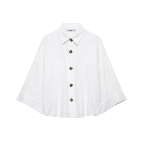 Damen Cropped Oversize‑Hemdjacke mit Kimonoärmeln und Dekoknöpfen Nord Taschen