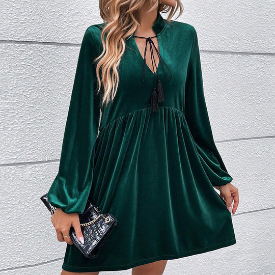 Damen samtiges Babydoll-Minikleid mit Empire-Taille Quastenbindung und langen Glockenärmeln Nord Taschen