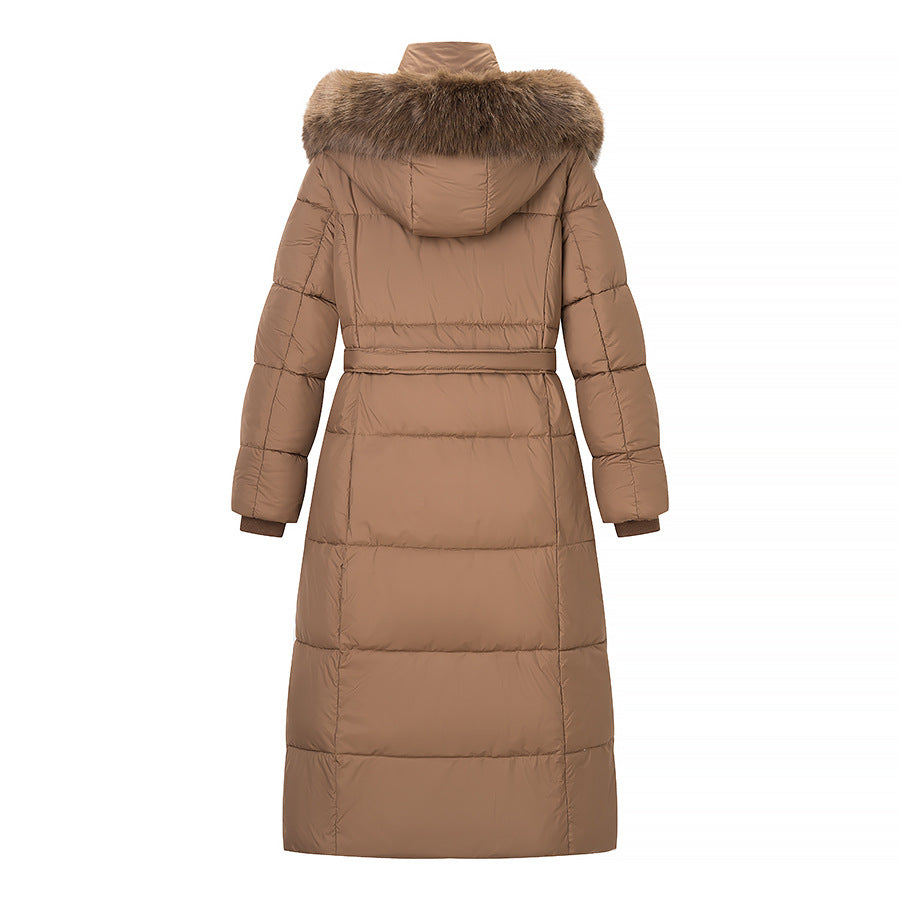 Damen Wattierter Longline-Mantel mit Kapuze und Taillengürtel Nord Taschen