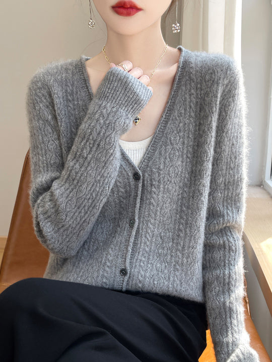 Damen Kurzer Zopfmuster-Cardigan im Mohair-Look mit V‑Ausschnitt und gerippten Bündchen Nord Taschen