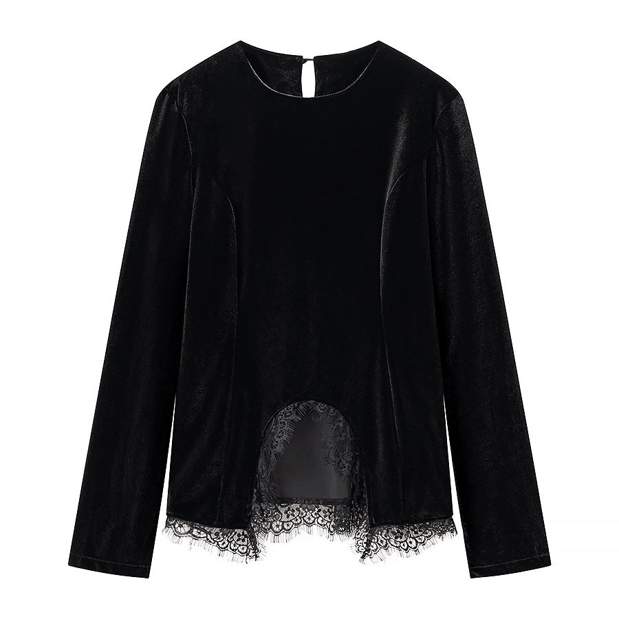 Damen Samt-Langarmshirt mit Spitzenbesatz und gewölbtem Saum Nord Taschen