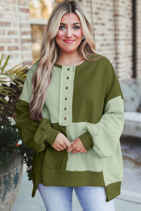 Damen Oversize-Longsleeve-Sweatshirt im Colorblock mit Henley-Knopfleiste und Ballonärmeln Nord Taschen