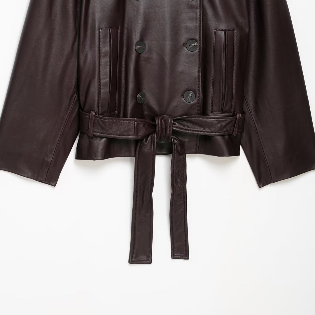 Damen Kurze Leder-Trenchcoat-Jacke mit hohem Stehkragen, doppelreihiger Knopfleiste und Taillengürtel Nord Taschen