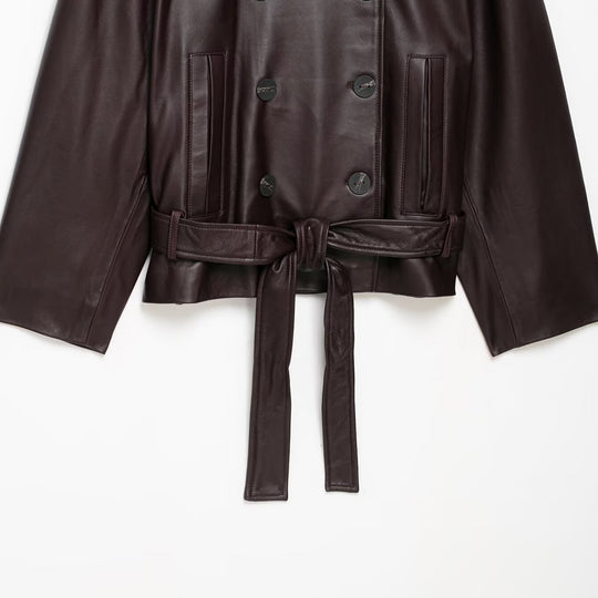 Damen Kurze Leder-Trenchcoat-Jacke mit hohem Stehkragen, doppelreihiger Knopfleiste und Taillengürtel Nord Taschen
