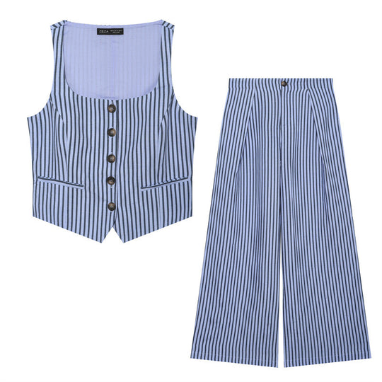Damen Hochtaillierte weite Palazzo‑Hose mit Bundfalten, Bügelfalte und vertikalem Nadelstreifen Nord Taschen