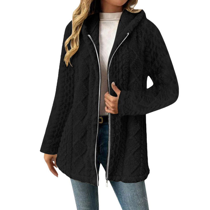 Damen Kapuzen-Sherpajacke mit Zopfmuster, mittellang und Zwei-Wege-Reißverschluss Nord Taschen
