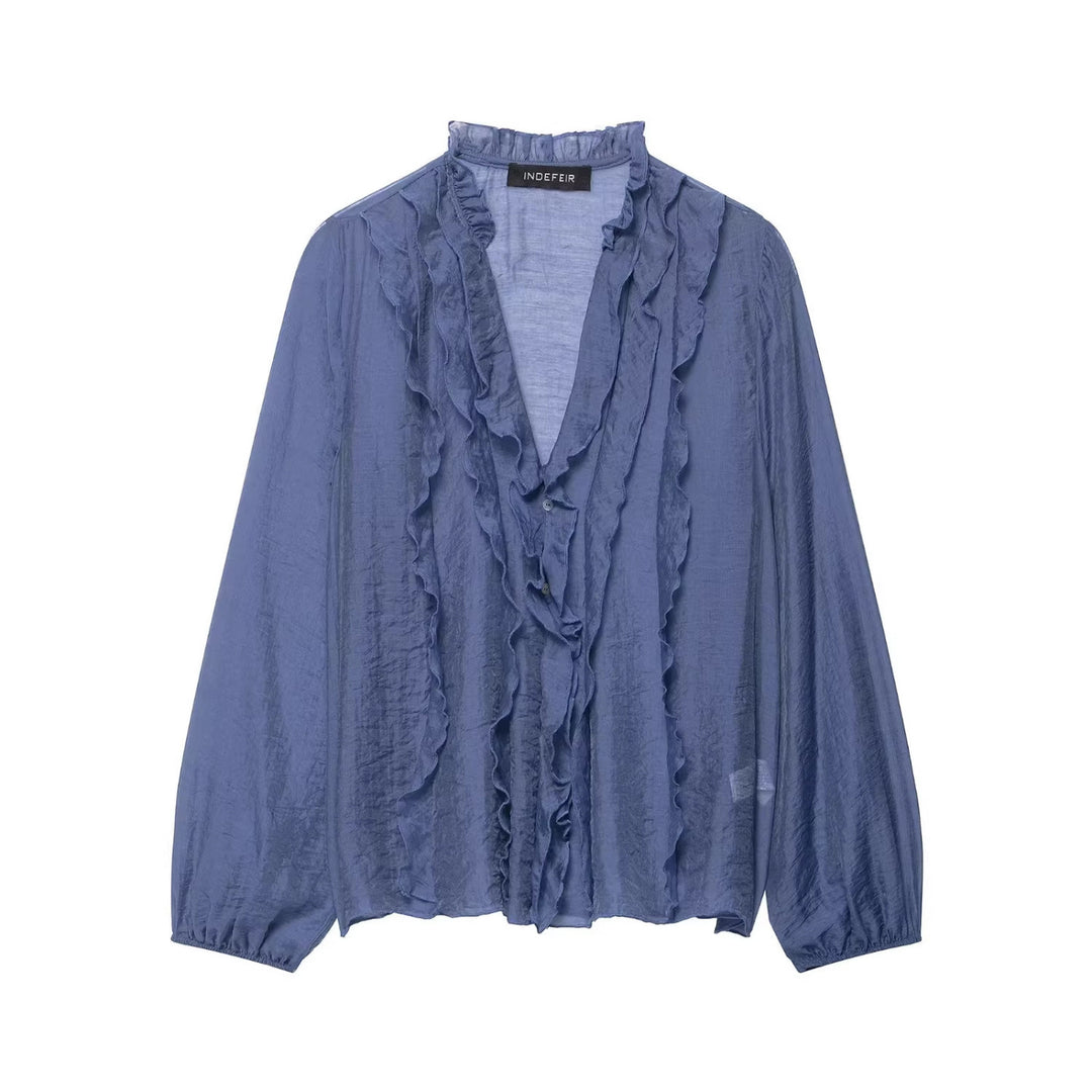Damen Transparente Crinkle-Bluse mit Volantkragen, Rüschenfront und Ballonärmeln Nord Taschen