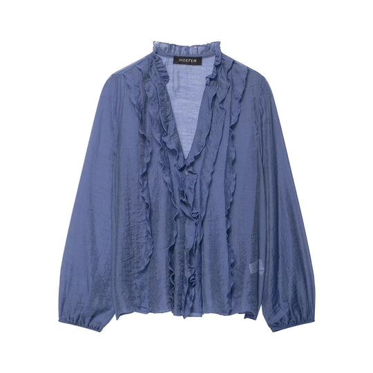 Damen Transparente Crinkle-Bluse mit Volantkragen, Rüschenfront und Ballonärmeln Nord Taschen