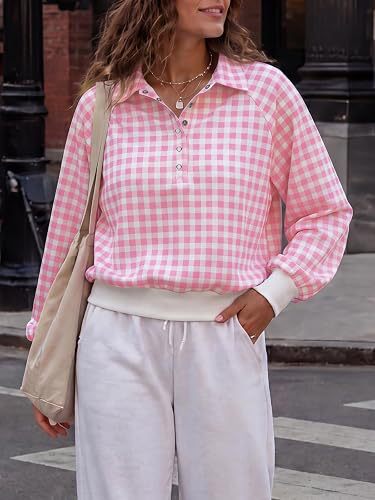 Damen Kariertes Oversize-Polo-Sweatshirt mit Ballonärmeln Nord Taschen
