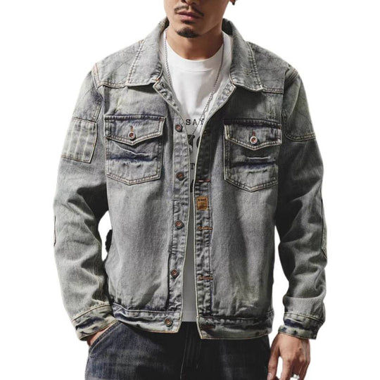 Herren Denim-Jeansjacke im Used-Look mit Hemdkragen, aufgesetzten Brusttaschen und legerer Passform Nord Taschen