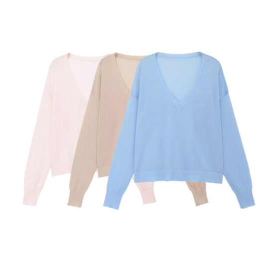 Damen Oversize-Feinstrickpullover mit tiefem V-Ausschnitt und gerippten Bündchen Nord Taschen