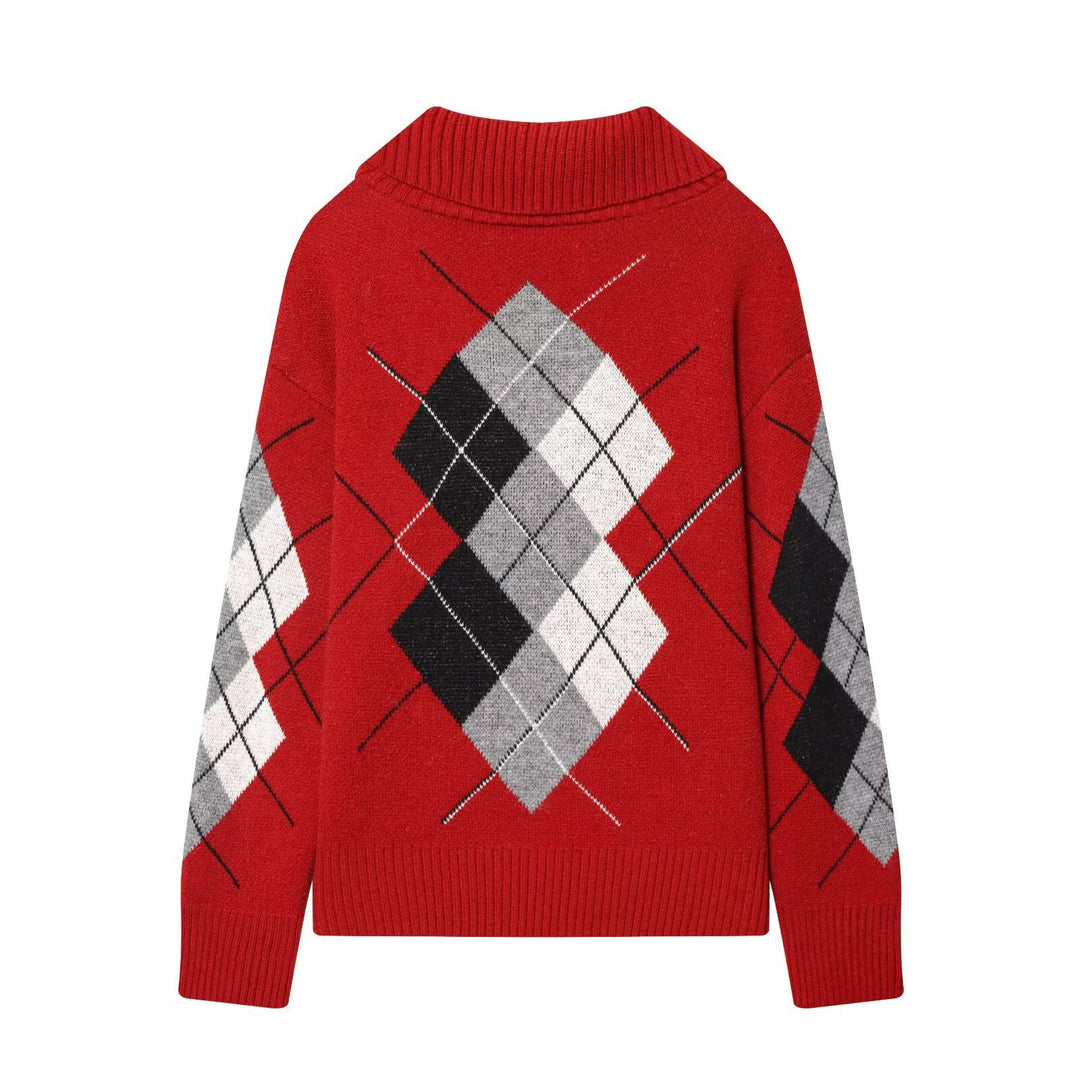 Damen Oversized Strickpullover mit Rautenmuster und Rollkragen Nord Taschen
