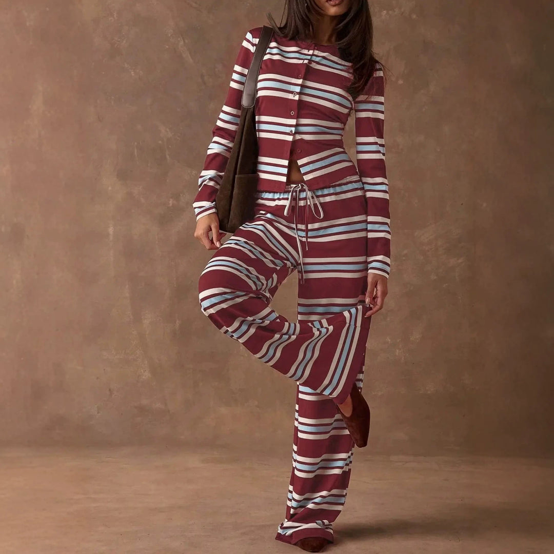 Damen Gestreiftes Strick-Lounge-Set mit tailliertem Knopfcardigan und weitem Palazzohose Nord Taschen