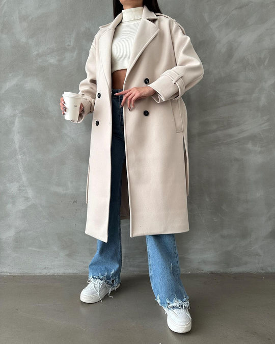 Damen Oversize Wollmix-Mantel mit doppelreihiger Knopfleiste und Taillengürtel Nord Taschen