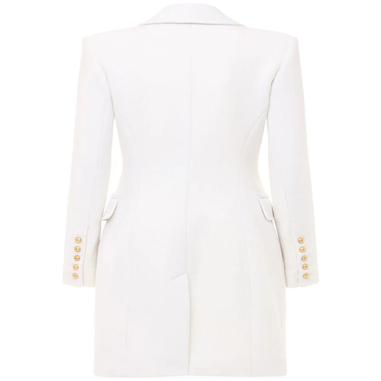 Damen Schmalgeschnittener Zweireihiger Wollmix-Longcoat mit markanter Schulter und goldenen Zierrundknöpfen Nord Taschen