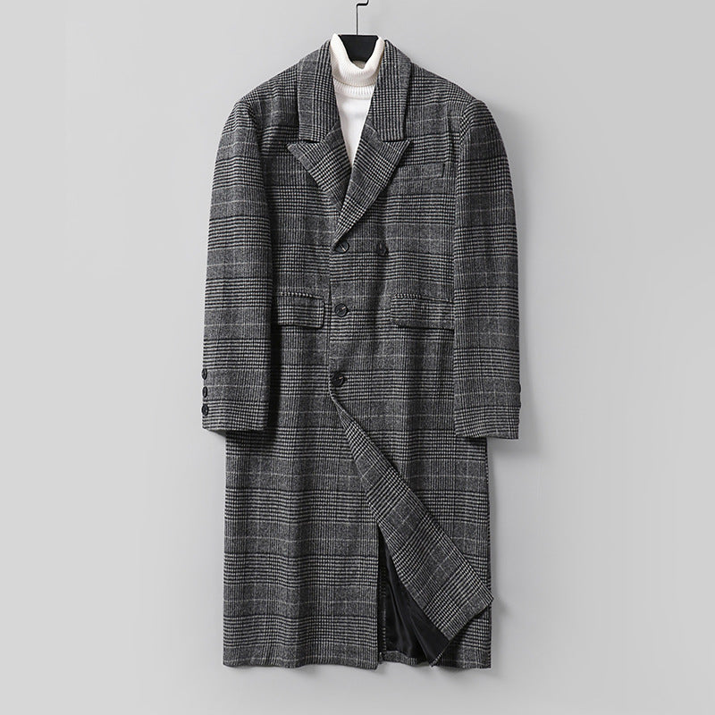 Herren Karierter Longcoat aus Wollmix mit klassischem Revers und geradem Schnitt Nord Taschen