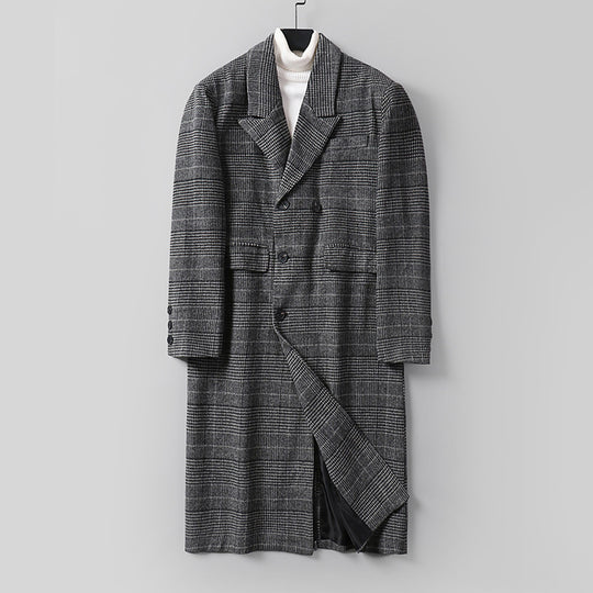 Herren Karierter Longcoat aus Wollmix mit klassischem Revers und geradem Schnitt Nord Taschen