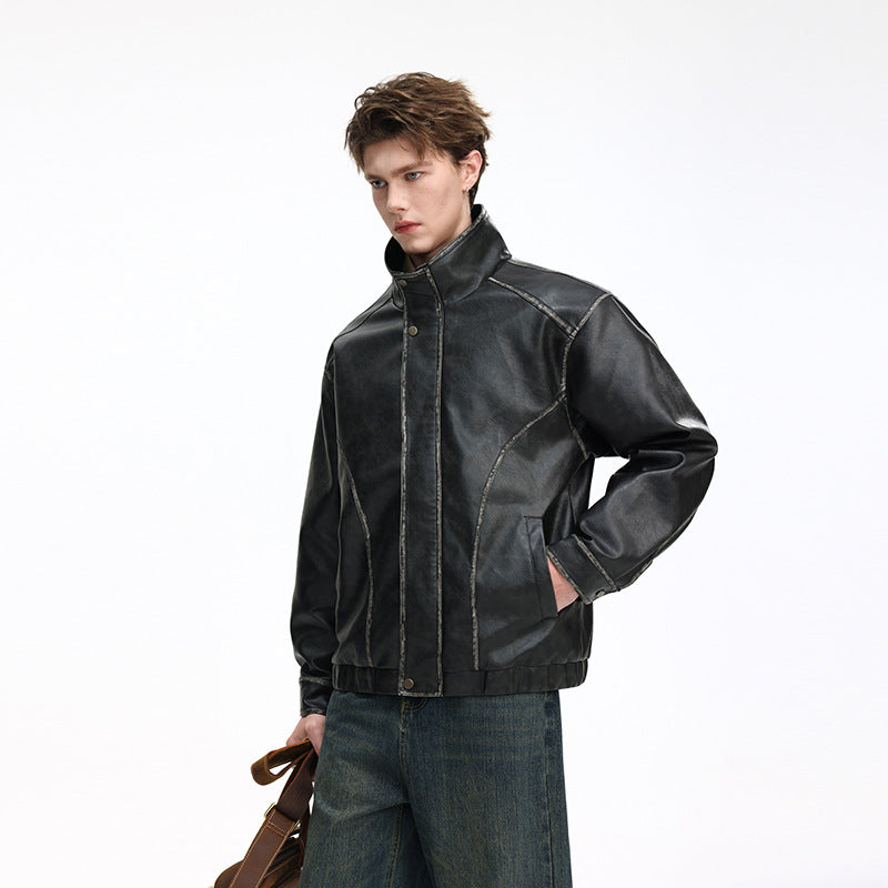 Herren Lederoptik-Blouson mit Stehkragen, Reißverschluss und Ziernähten Nord Taschen