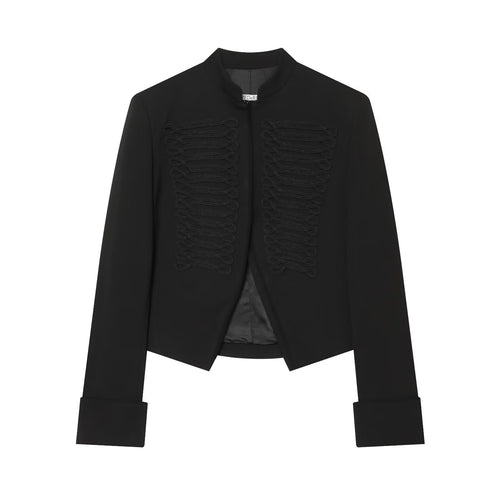 Damen Kurzgeschnittener Militärblazer mit ornamentalem Kordelbesatz und Stehkragen Nord Taschen
