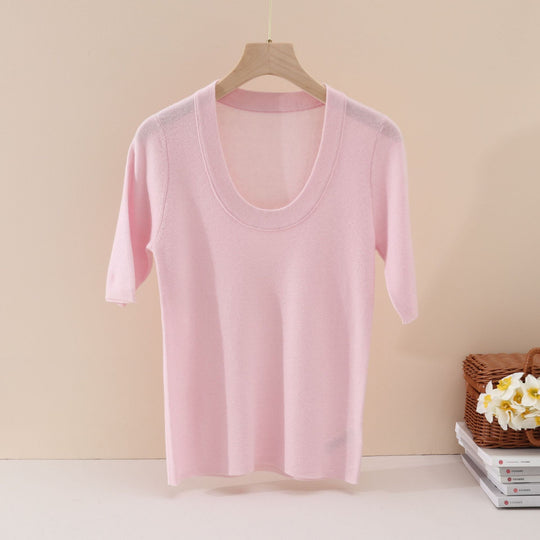 Damen Feines Feinstrick-Shirt mit tiefem Rundhals und dreiviertel Ärmeln Nord Taschen