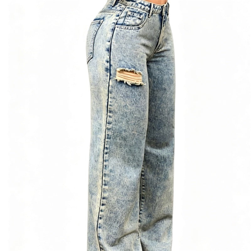 Damen High-Waist Relaxed-Jeans mit Steinwasch-Effekt und seitlichem aufgerissenem Einsatz Nord Taschen