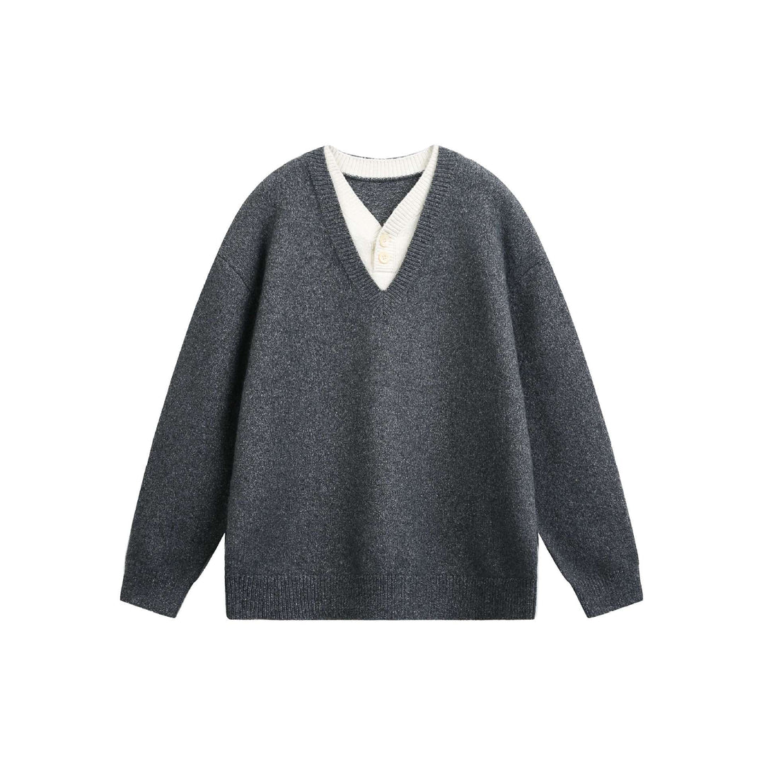 Damen Oversize V Neck Strickpullover mit Henley-Optik und gerippten Bündchen Nord Taschen