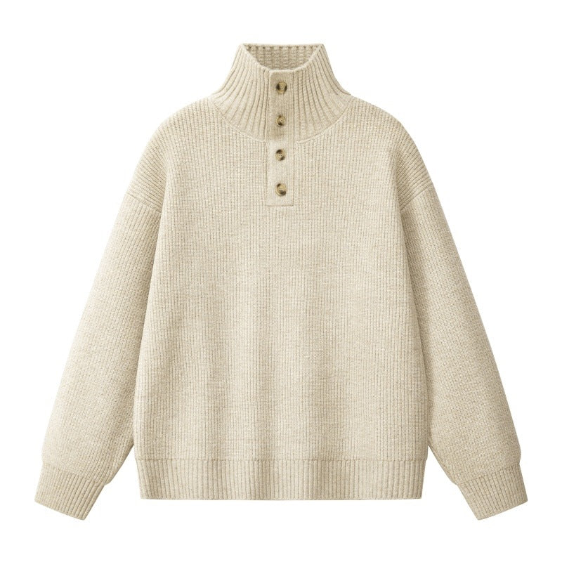 Damen Oversize Grobstrick-Pullover mit Knopfleiste am Stehkragen und Raglanärmeln Nord Taschen