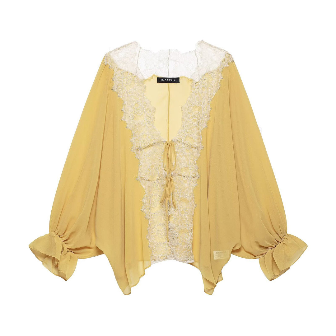 Damen Fließende Kimono‑Bluse mit Spitzenbesatz und Bindeband Nord Taschen
